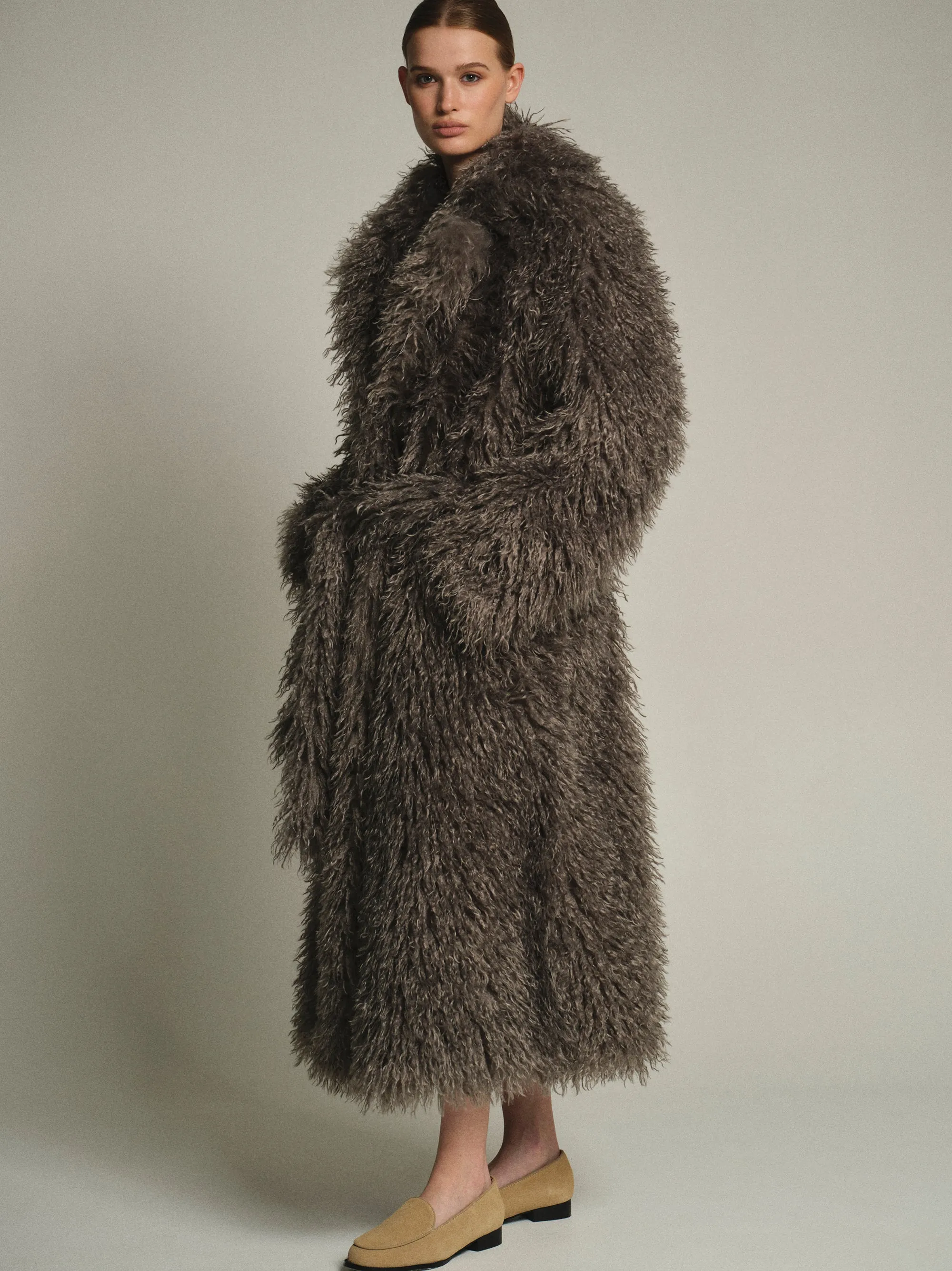 Long Belted Plush Coat, Sage sold by Source Unknown