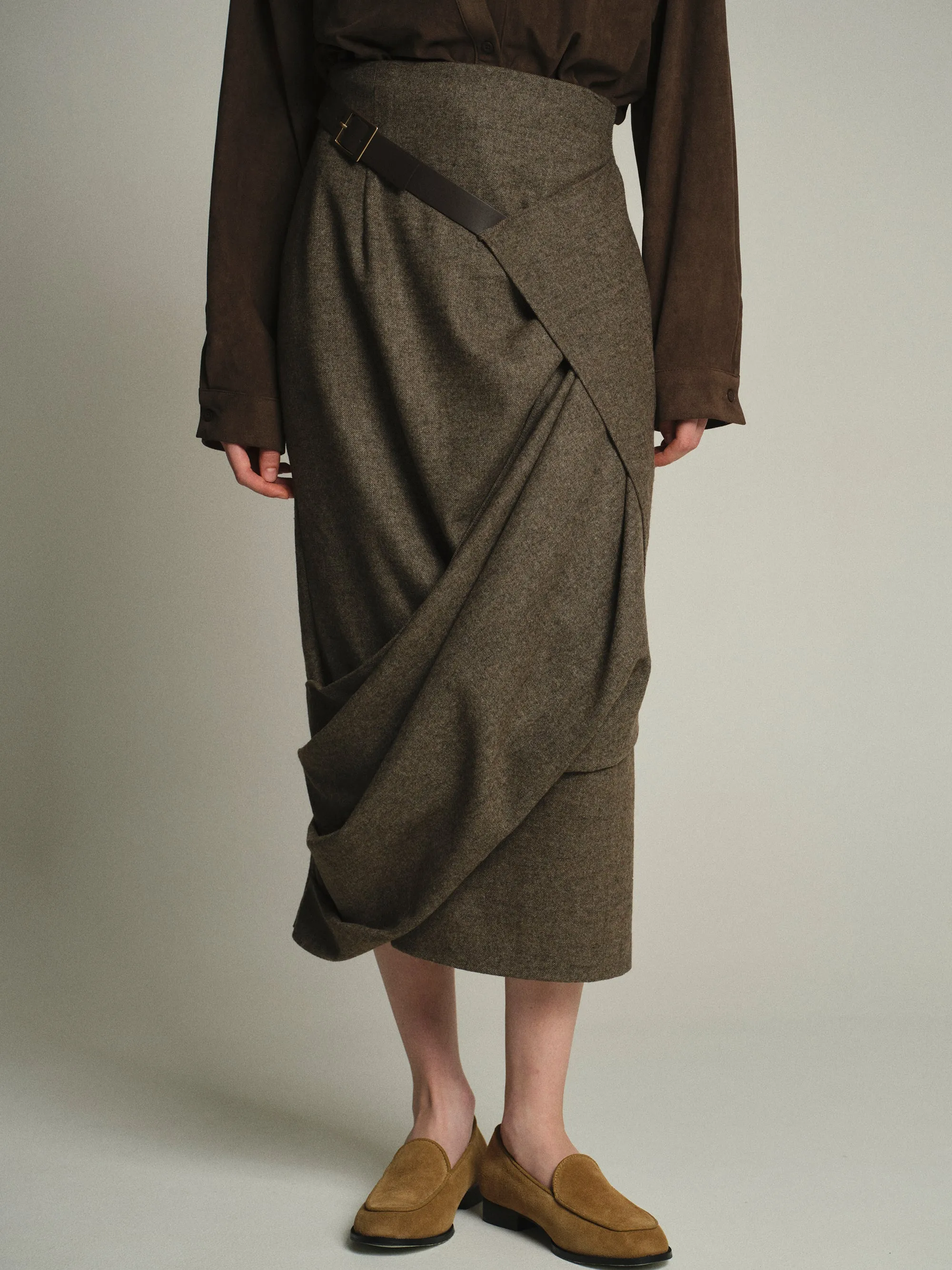 Draped Belted Skirt, Brown sold by Source Unknown