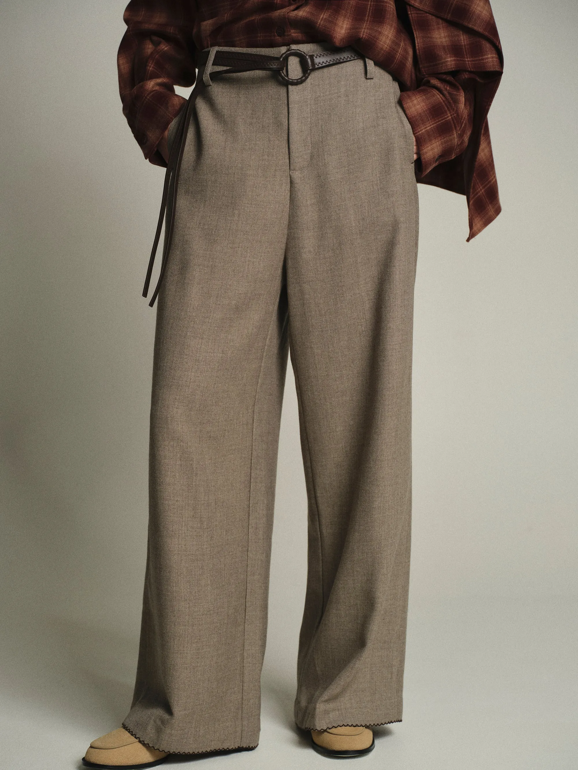 Cord-Belt Wool Trousers, Brown sold by Source Unknown