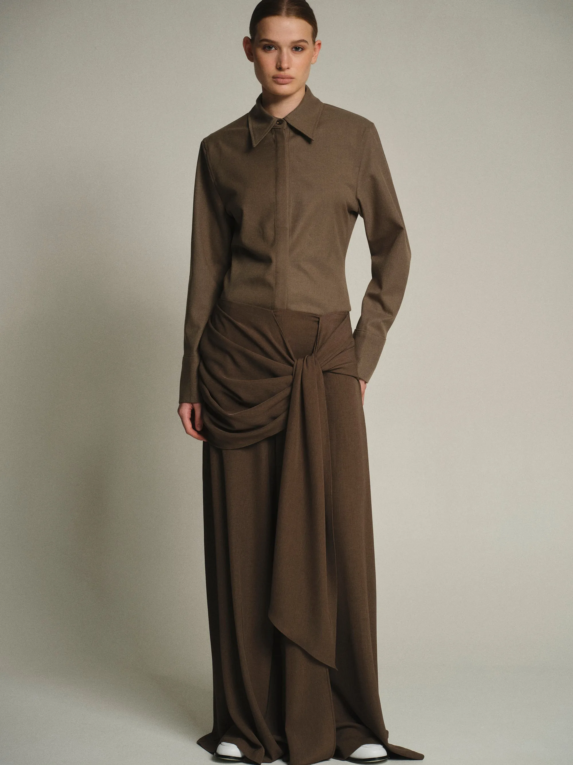Draped Tie-Waist Trousers, Brown sold by Source Unknown