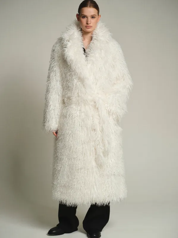 Long Belted Plush Coat, White sold by Source Unknown