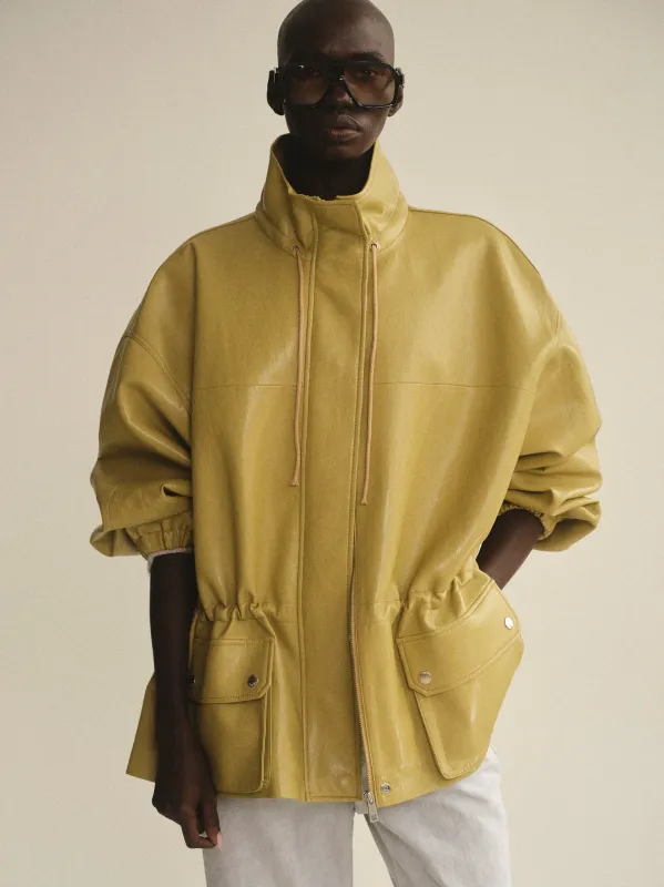 Faux-Leather Short Parka, Olive sold by Source Unknown