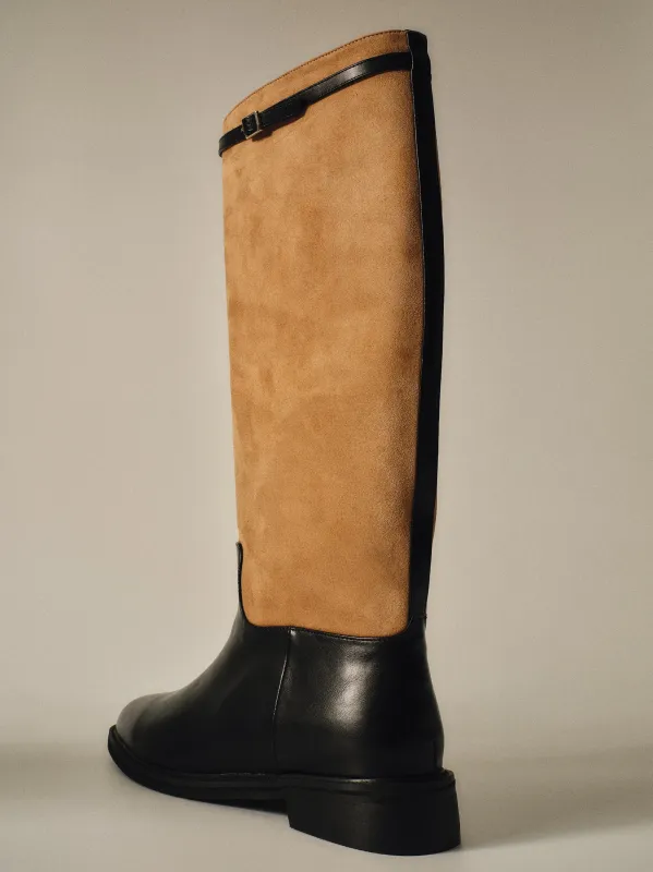 Suede Knee-High Buckle Boots, Beige sold by Source Unknown