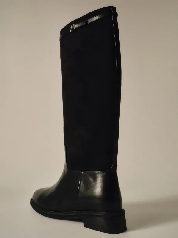 Suede Knee-High Buckle Boots, Black sold by Source Unknown