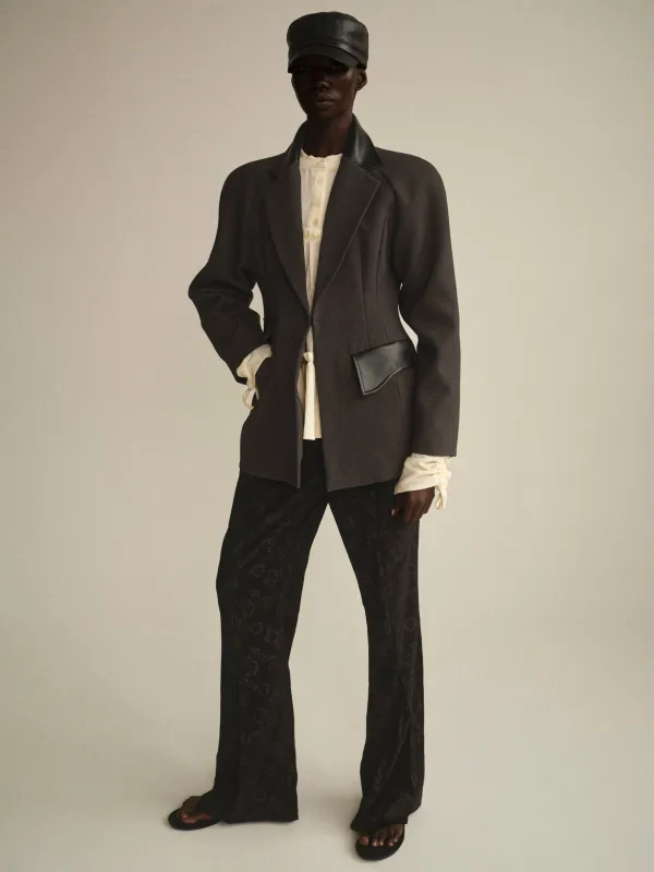 Faux-Leather Trim Blazer, Charcoal sold by Source Unknown