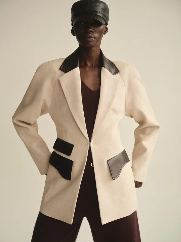 Faux-Leather Trim Blazer, Beige sold by Source Unknown