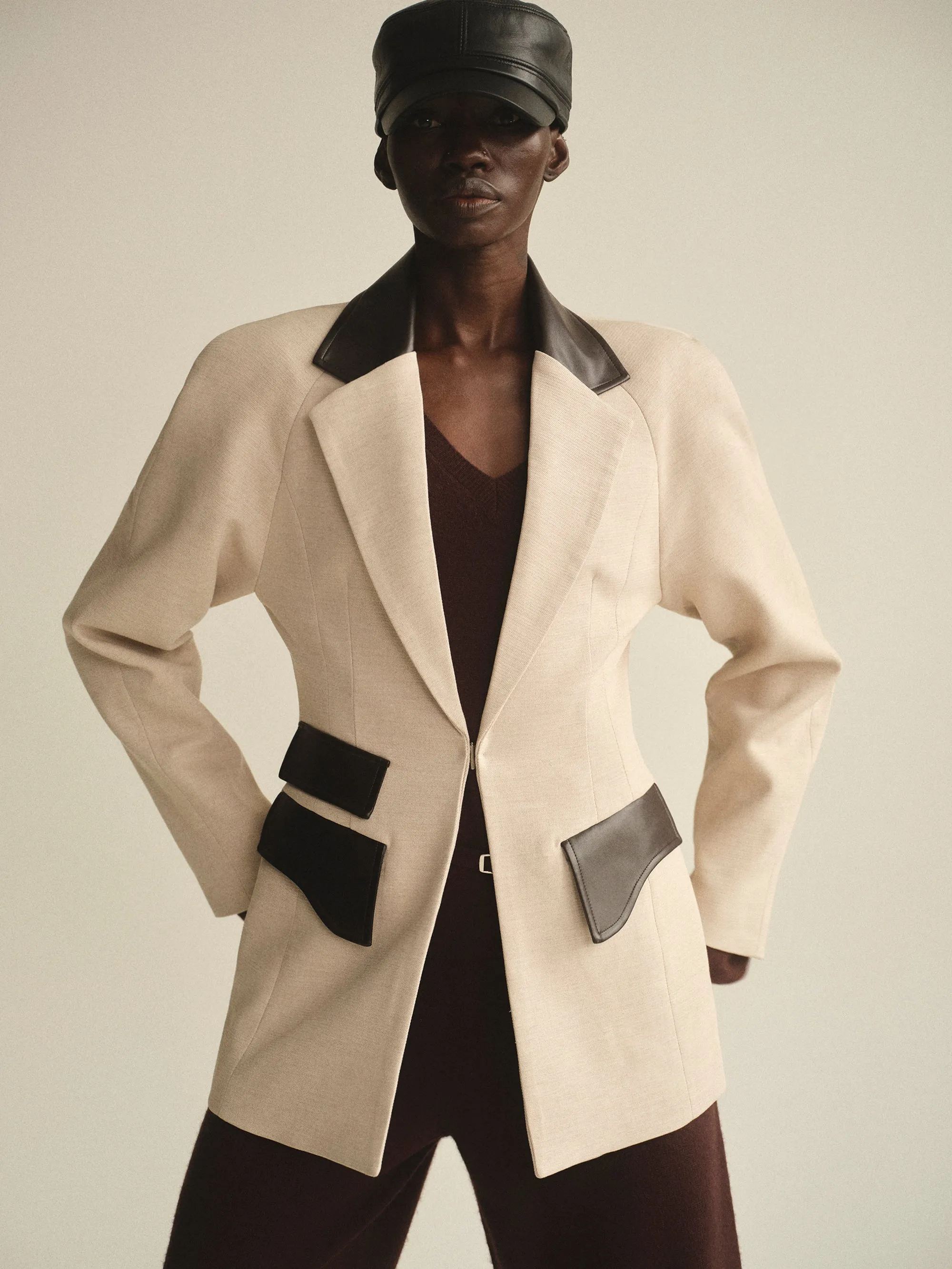 Faux-Leather Trim Blazer, Beige sold by Source Unknown