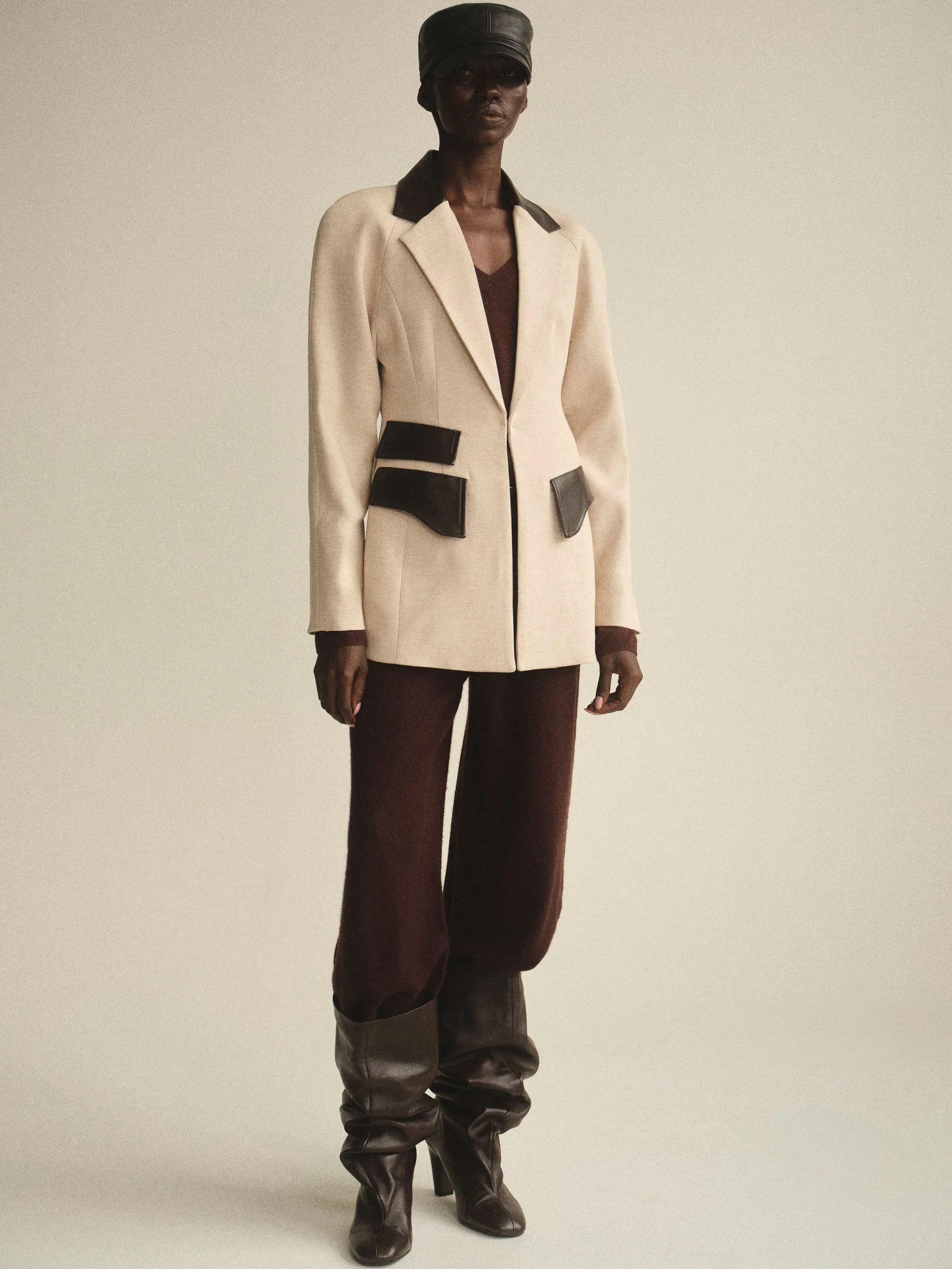 Faux-Leather Trim Blazer, Beige sold by Source Unknown product image thumbnail 3