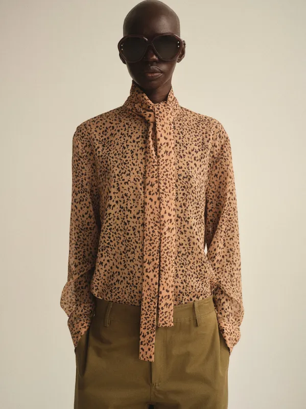 Leopard-Print Scarf Blouse, Brown made by Source Unknown