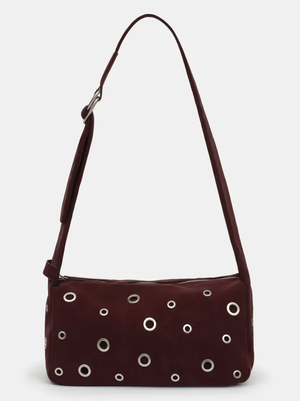 Studded Faux Suede Shoulder Bag, Burgundy made by Source Unknown