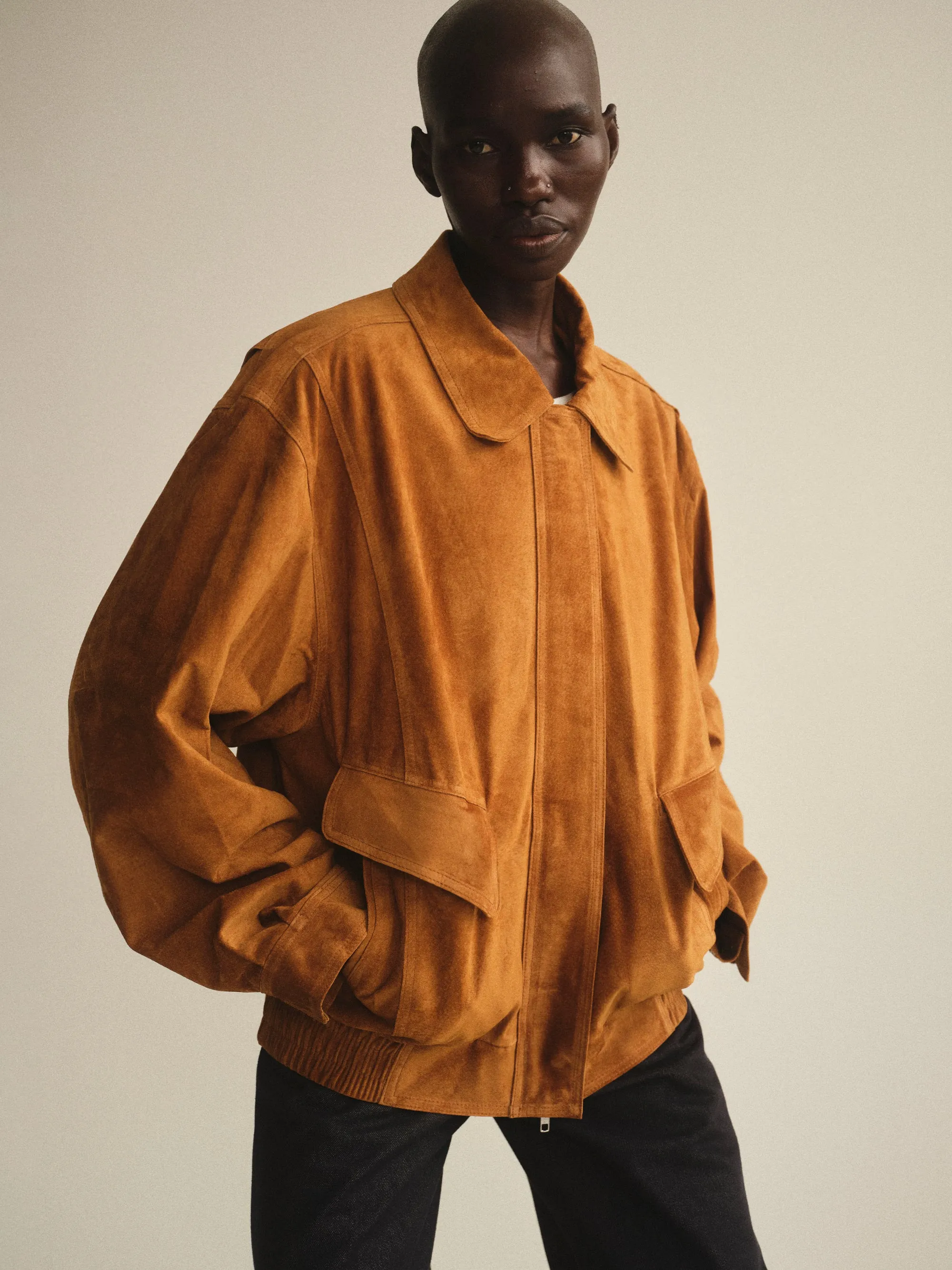 Suede Bomber Jacket, Cognac sold by Source Unknown product image thumbnail 4