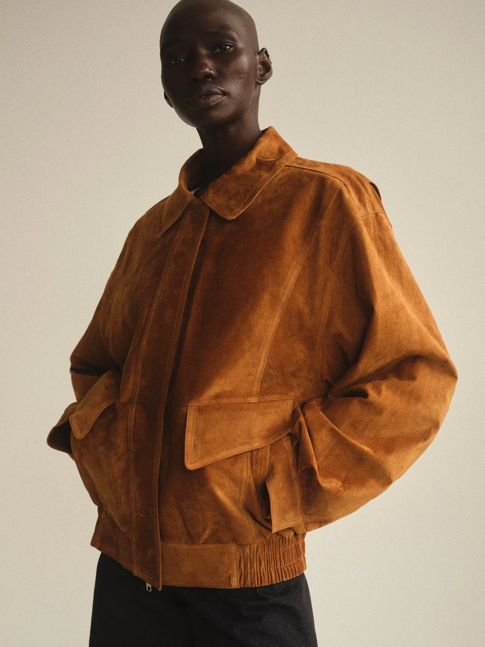 Suede Bomber Jacket, Cognac sold by Source Unknown