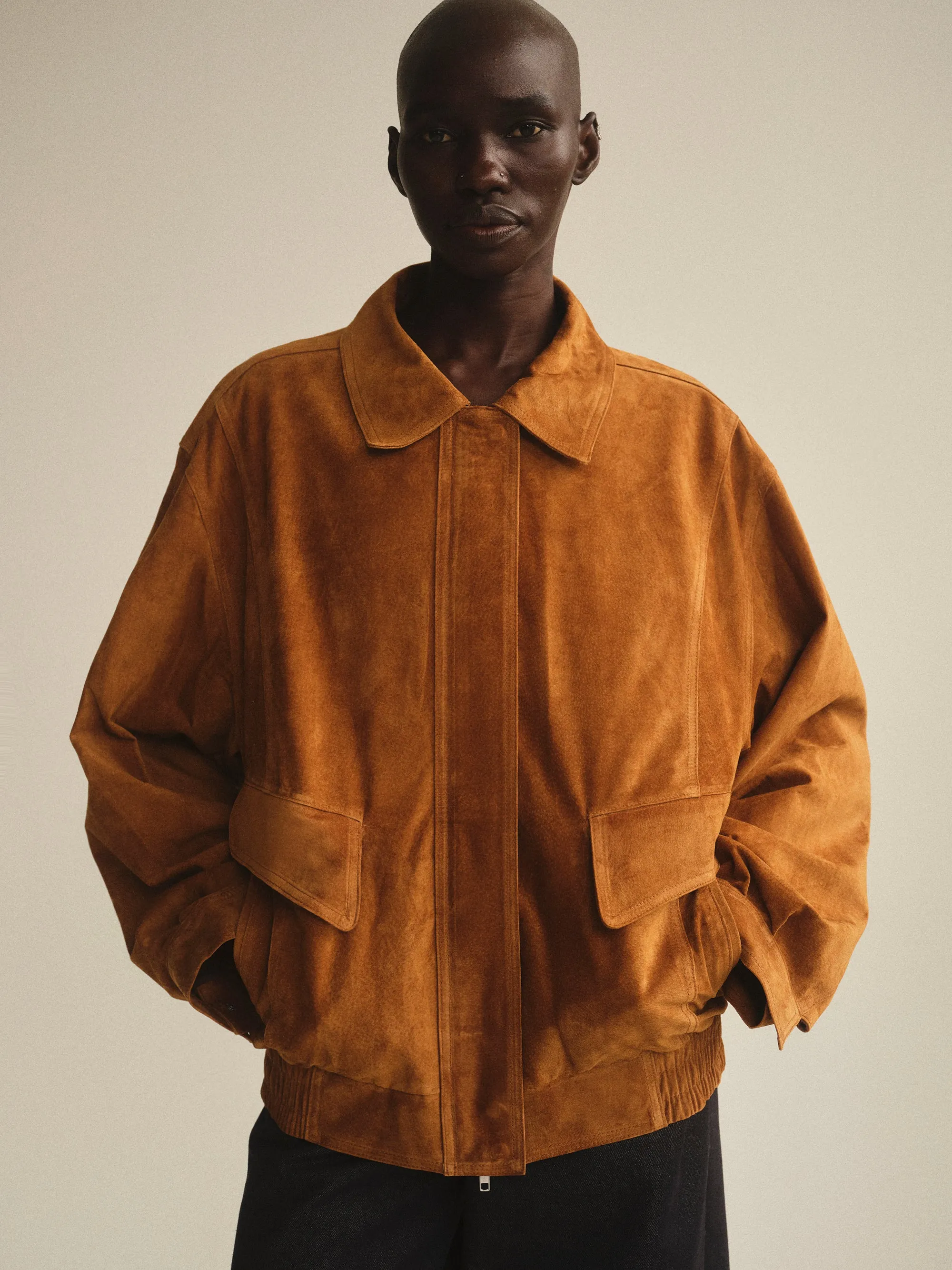 Suede Bomber Jacket, Cognac sold by Source Unknown product image thumbnail 2