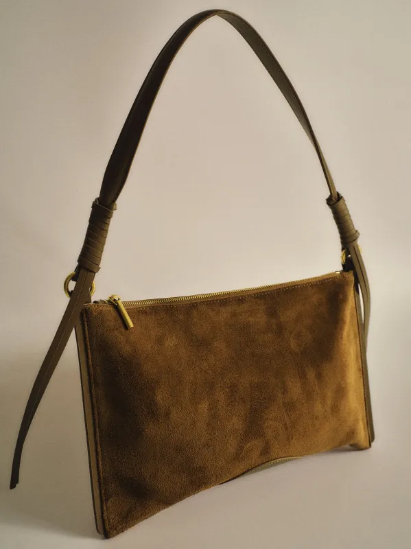 Suede Patch City Bag, Camel sold by Source Unknown
