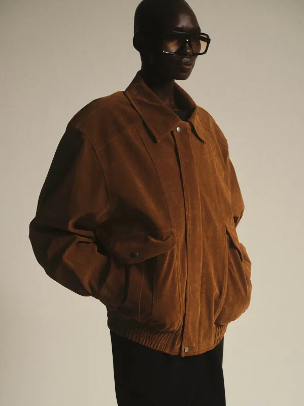 Suede Effect Bomber Jacket, Cognac sold by Source Unknown