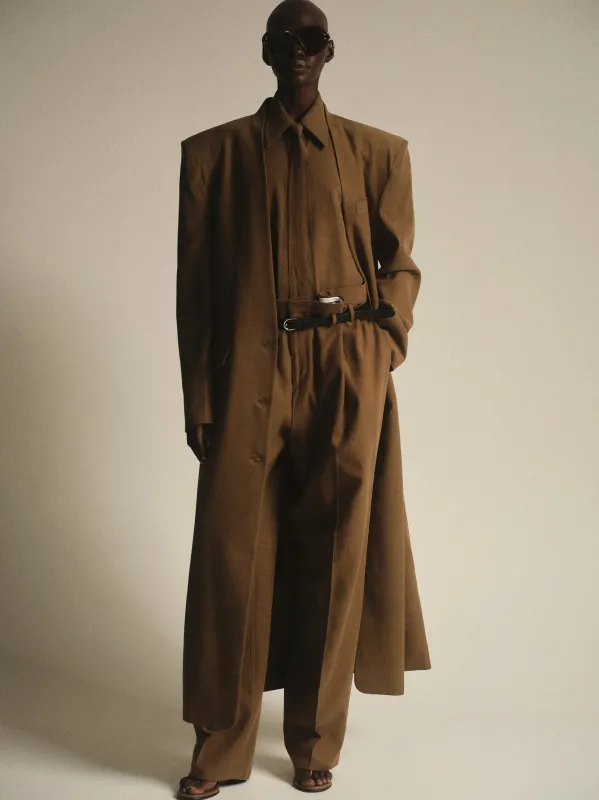 Collarless Maxi Coat, Brown sold by Source Unknown