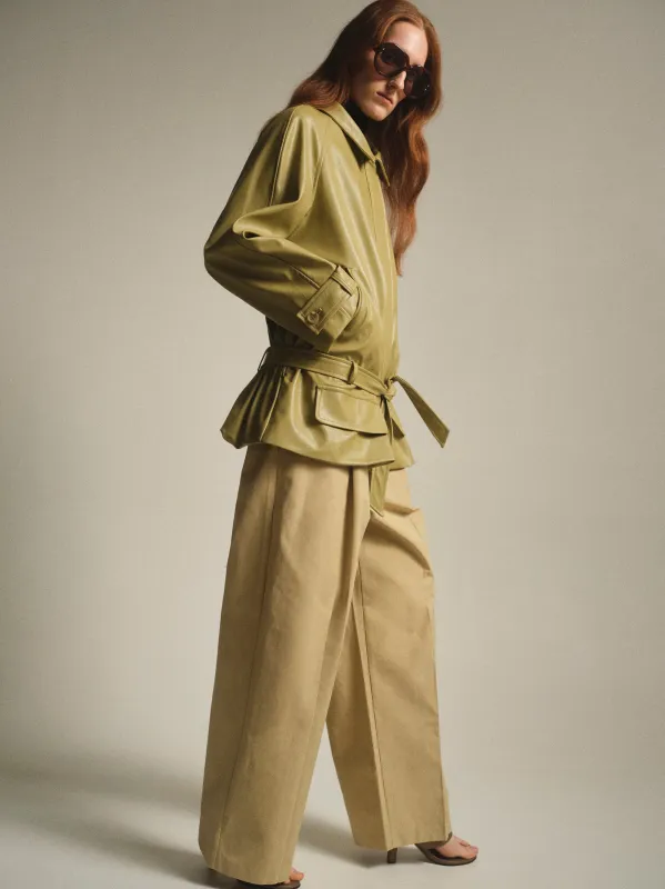 Pleated Faux-Leather Jacket, Olive sold by Source Unknown