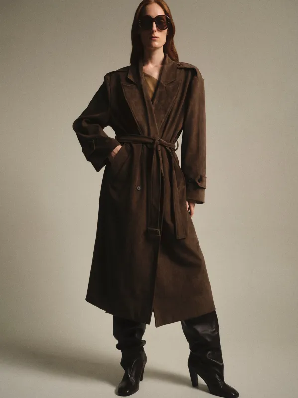Faux Suede Long Trench, Brown sold by Source Unknown