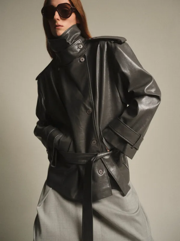 Faux-Leather Short Trench, Grey sold by Source Unknown
