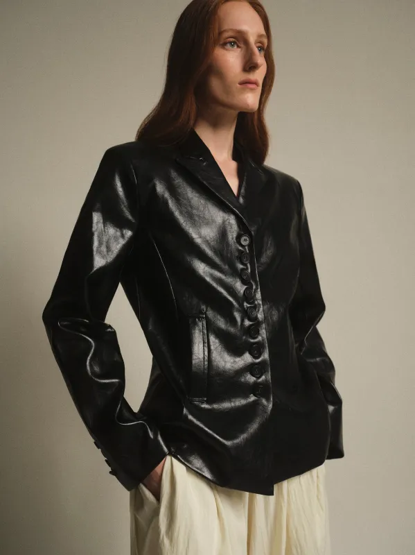 Edmont Fitted Faux-Leather Blazer, Black sold by Source Unknown