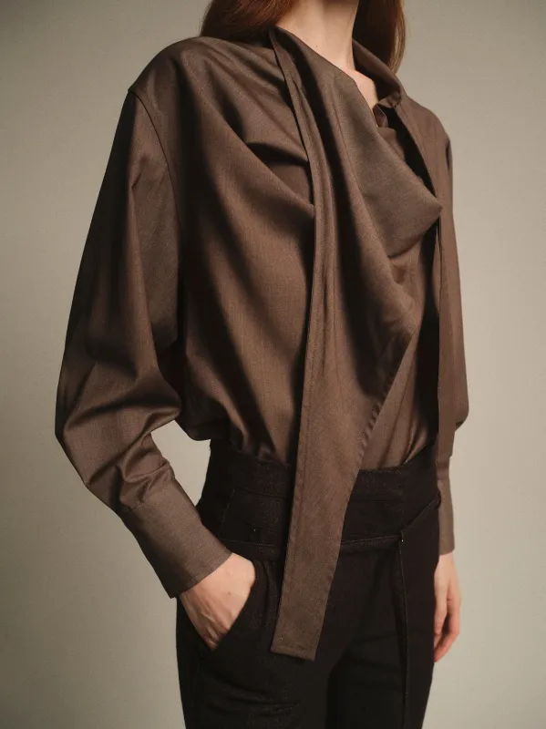Draped Collar Blouse, Brown sold by Source Unknown