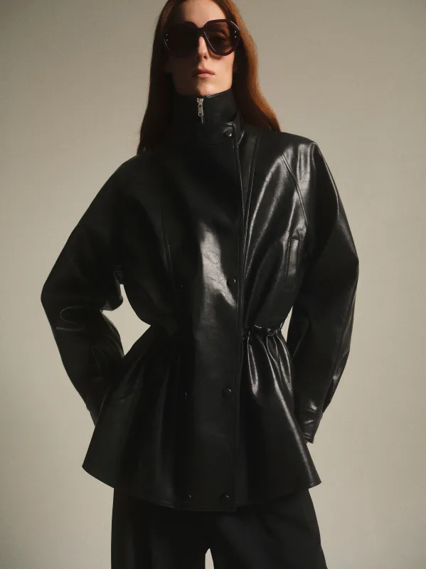 High Collar Faux-Leather Jacket, Black sold by Source Unknown