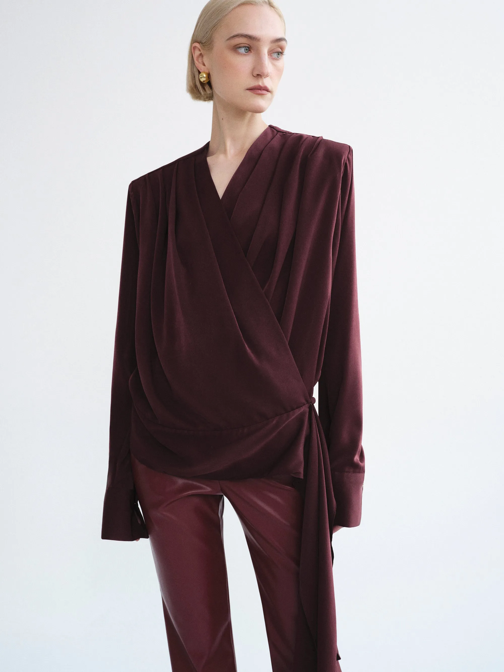 Callen Draped Satin Blouse, Burgundy sold by Source Unknown