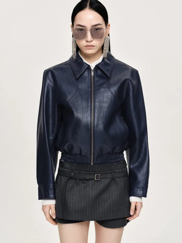 Ennio Faux-Leather Bomber Jacket, Navy sold by Source Unknown