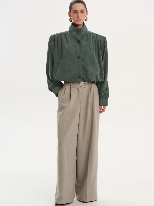 Lalisa Ruched Suede Bomber, Taupe Grey sold by Source Unknown