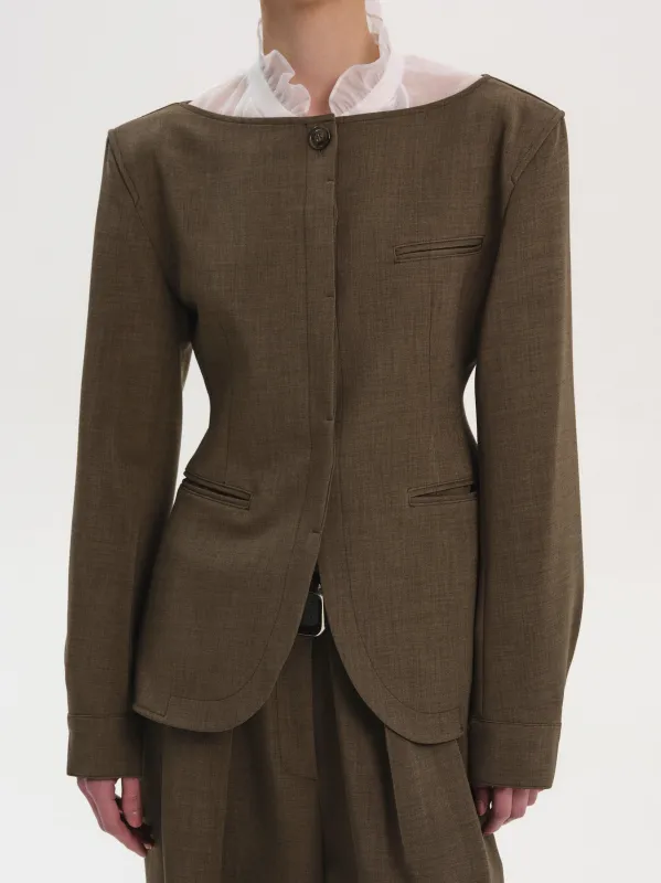 Matteo Boat Neck Cinched Blazer, Brown sold by Source Unknown