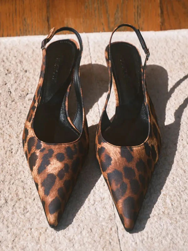 Lafu Leopard-Print Satin Slingback Heels, Brown sold by Source Unknown
