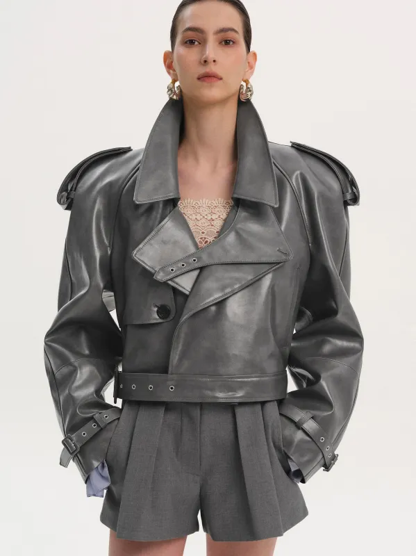 Notan Buckled Faux-Leather Cropped Jacket, Grey sold by Source Unknown