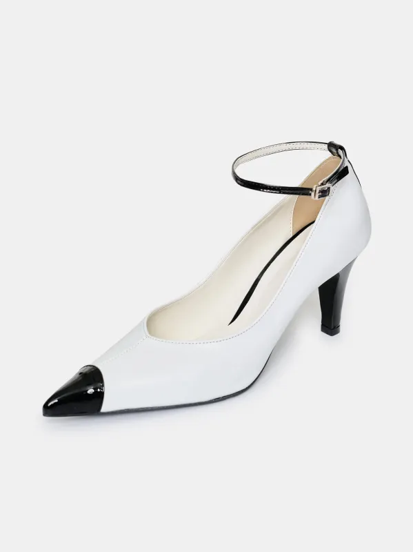 Ester Bicolor Ankle-Strap Heels, White sold by Source Unknown