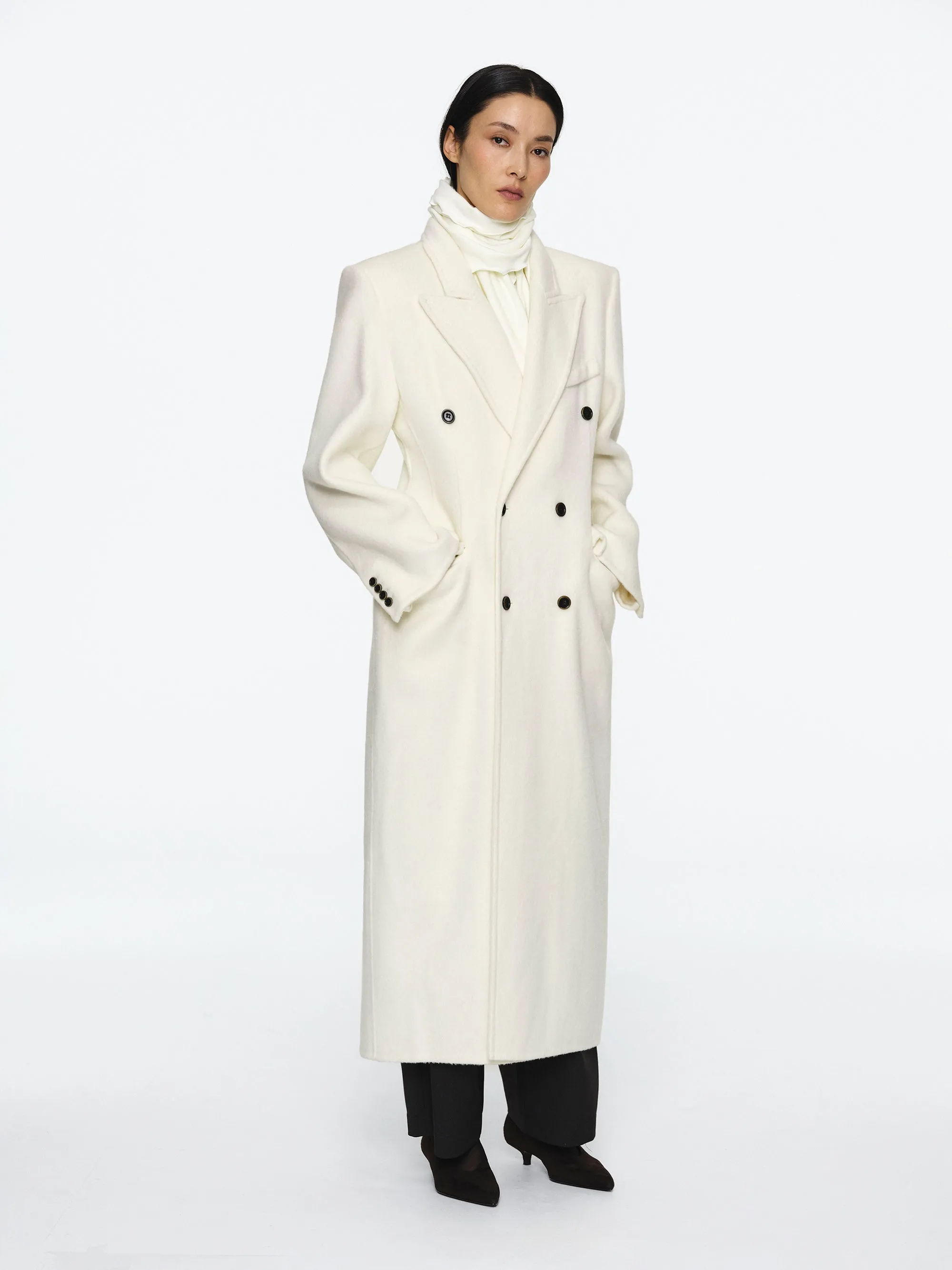 Cinched Double Breasted Long Coat, White sold by Source Unknown product image thumbnail 3