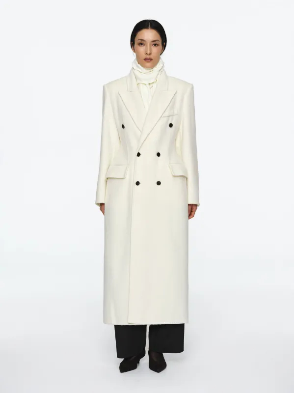 Cinched Double Breasted Long Coat, White sold by Source Unknown