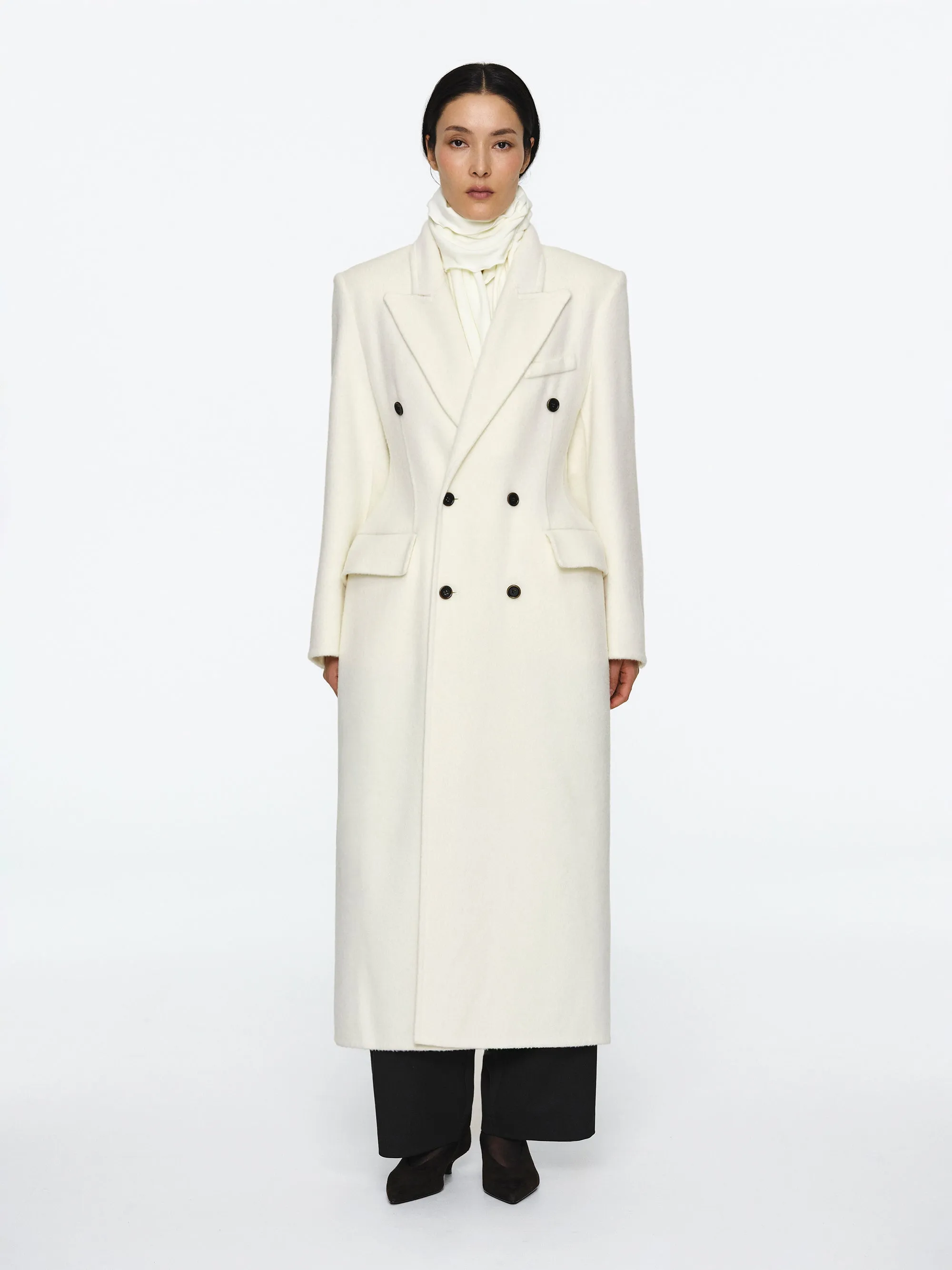 Cinched Double Breasted Long Coat, White sold by Source Unknown