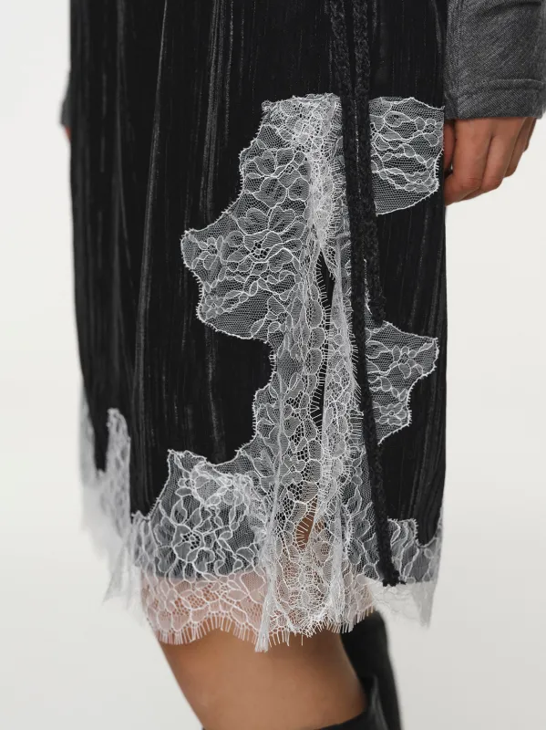 Lace-Trimmed Velvet Skirt, Black sold by Source Unknown