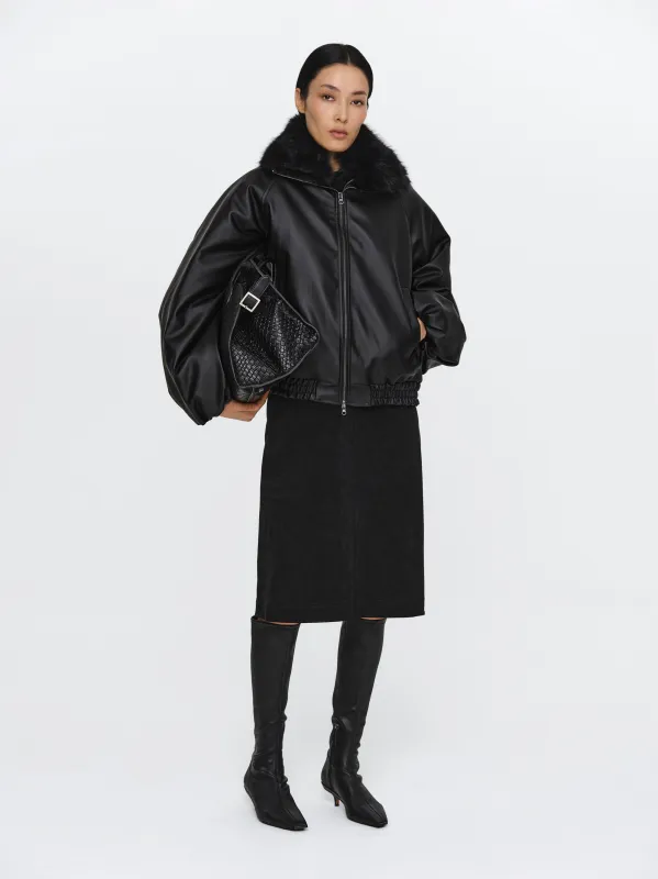 Faux Collar Leather Bomber, Black sold by Source Unknown