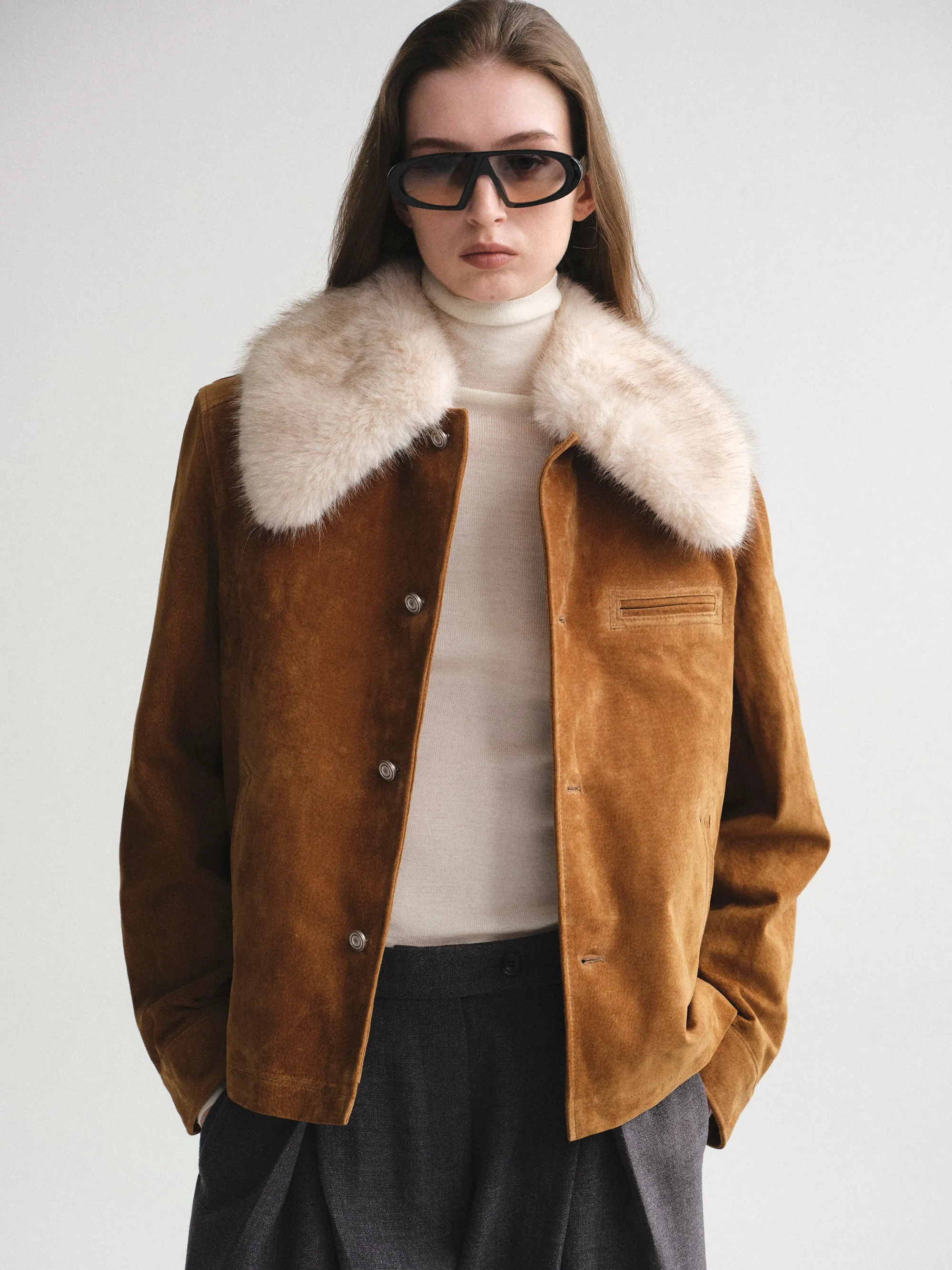 Faux-Fur Collar Suede Jacket, Camel sold by Source Unknown product image thumbnail 5