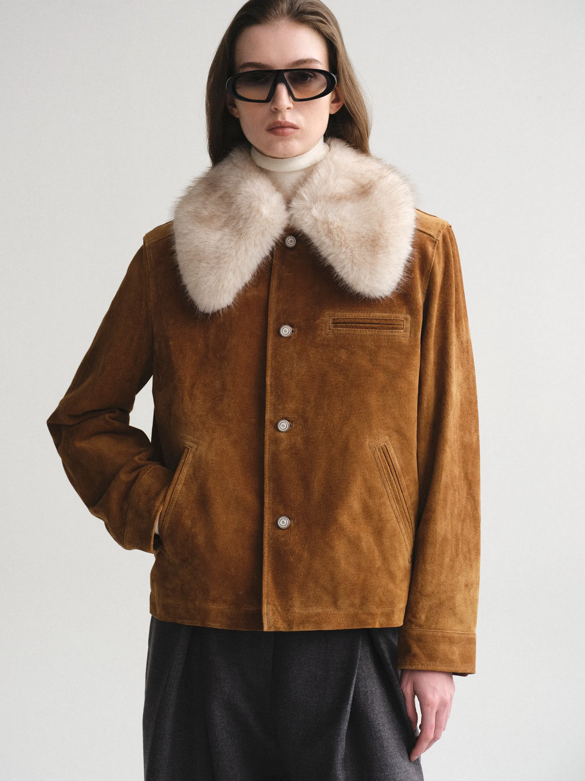 Faux-Fur Collar Suede Jacket, Camel sold by Source Unknown
