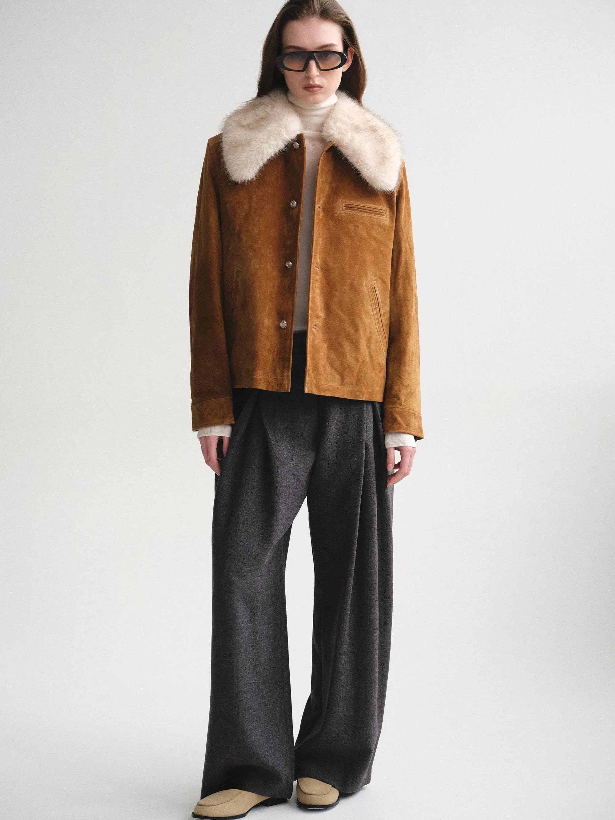 Faux-Fur Collar Suede Jacket, Camel sold by Source Unknown product image thumbnail 4