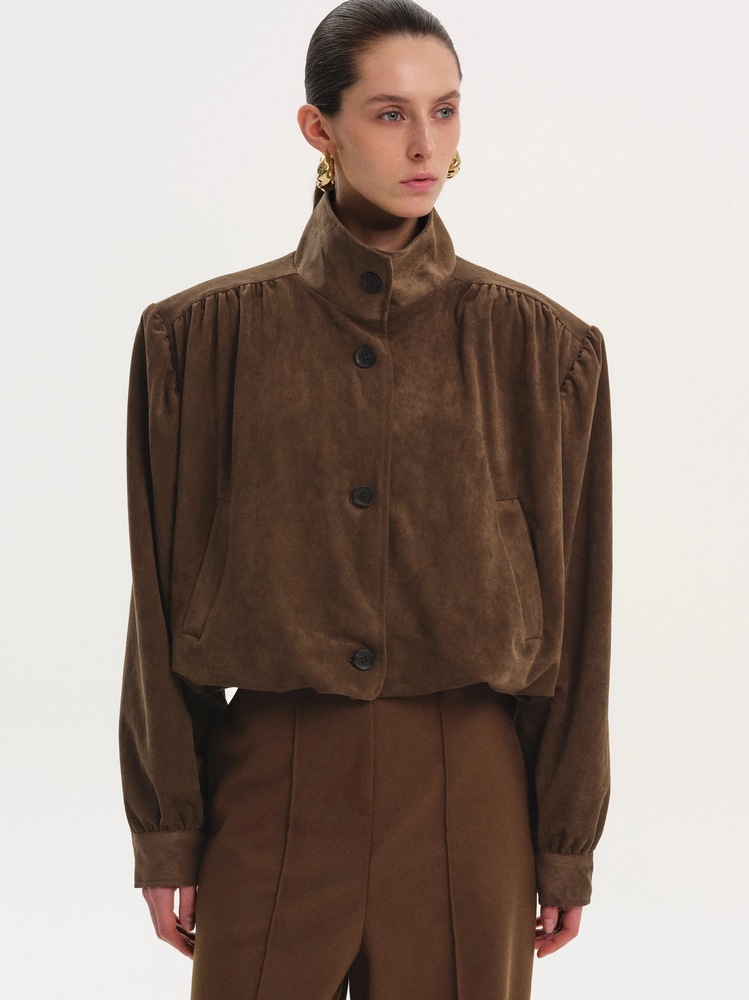 Lalisa Ruched Suede Bomber, Burnt Umber sold by Source Unknown