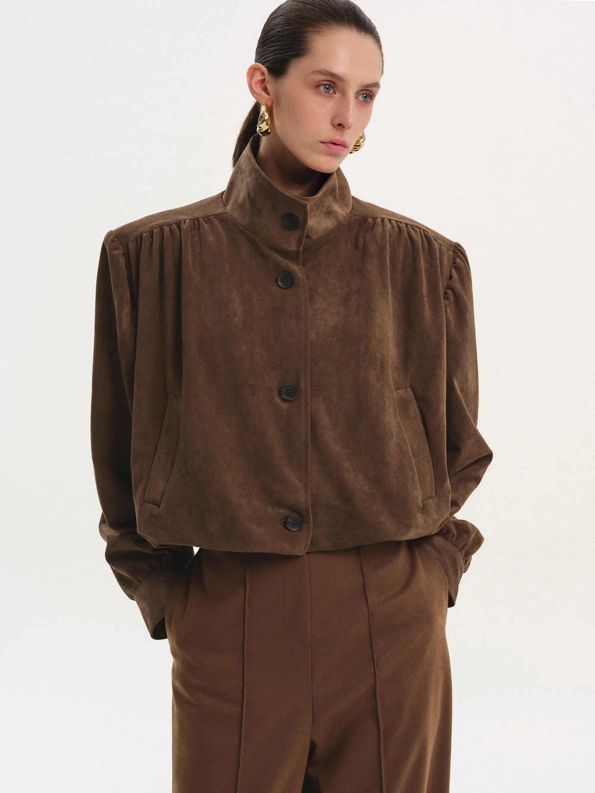 Lalisa Ruched Suede Bomber, Burnt Umber sold by Source Unknown product image thumbnail 3