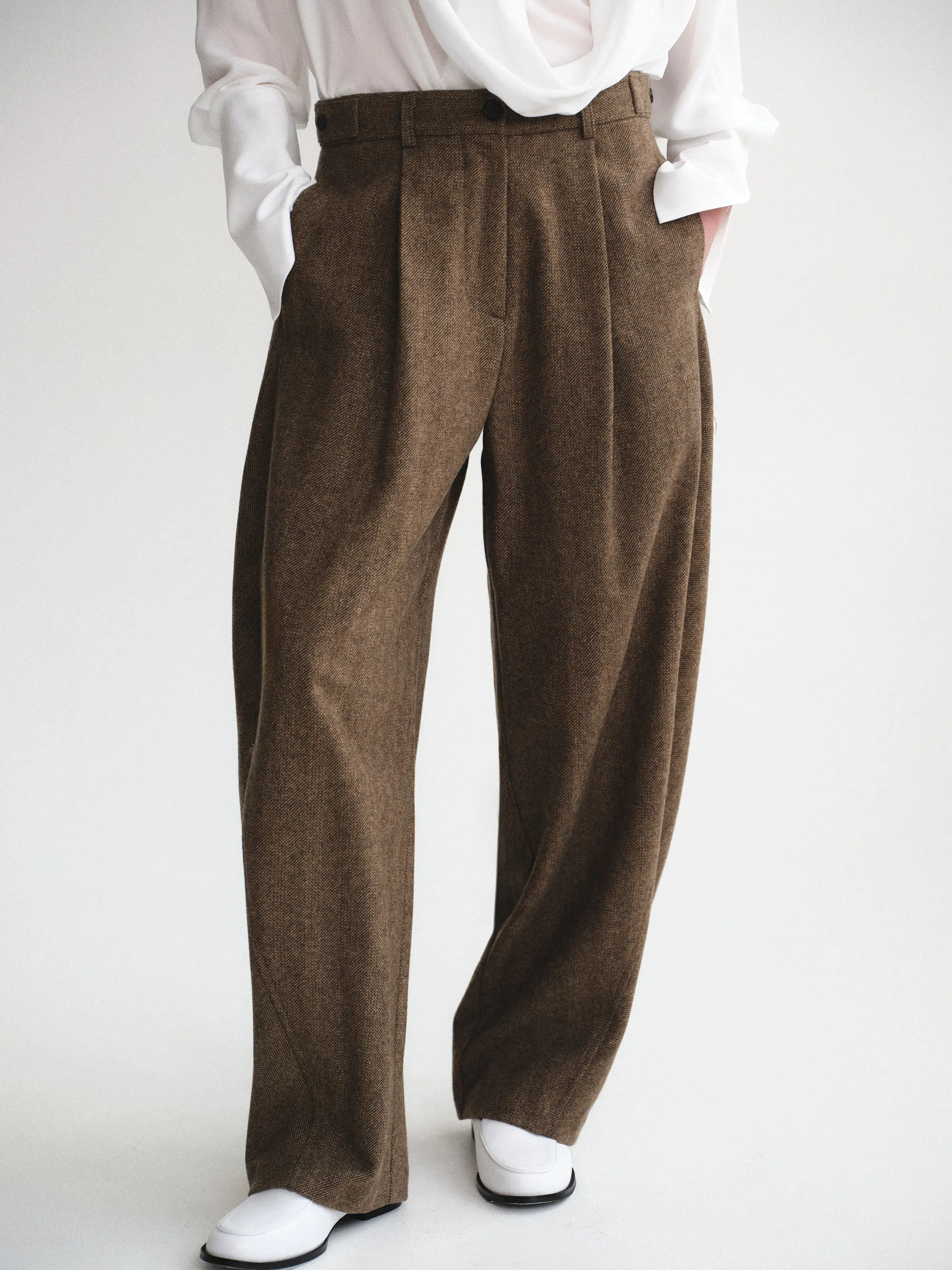 Herringbone Tuck Trousers, Brown sold by Source Unknown