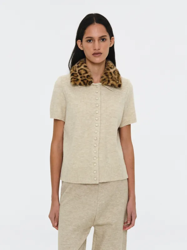 Faux-Fur Collar Knit Top, Beige made by Source Unknown