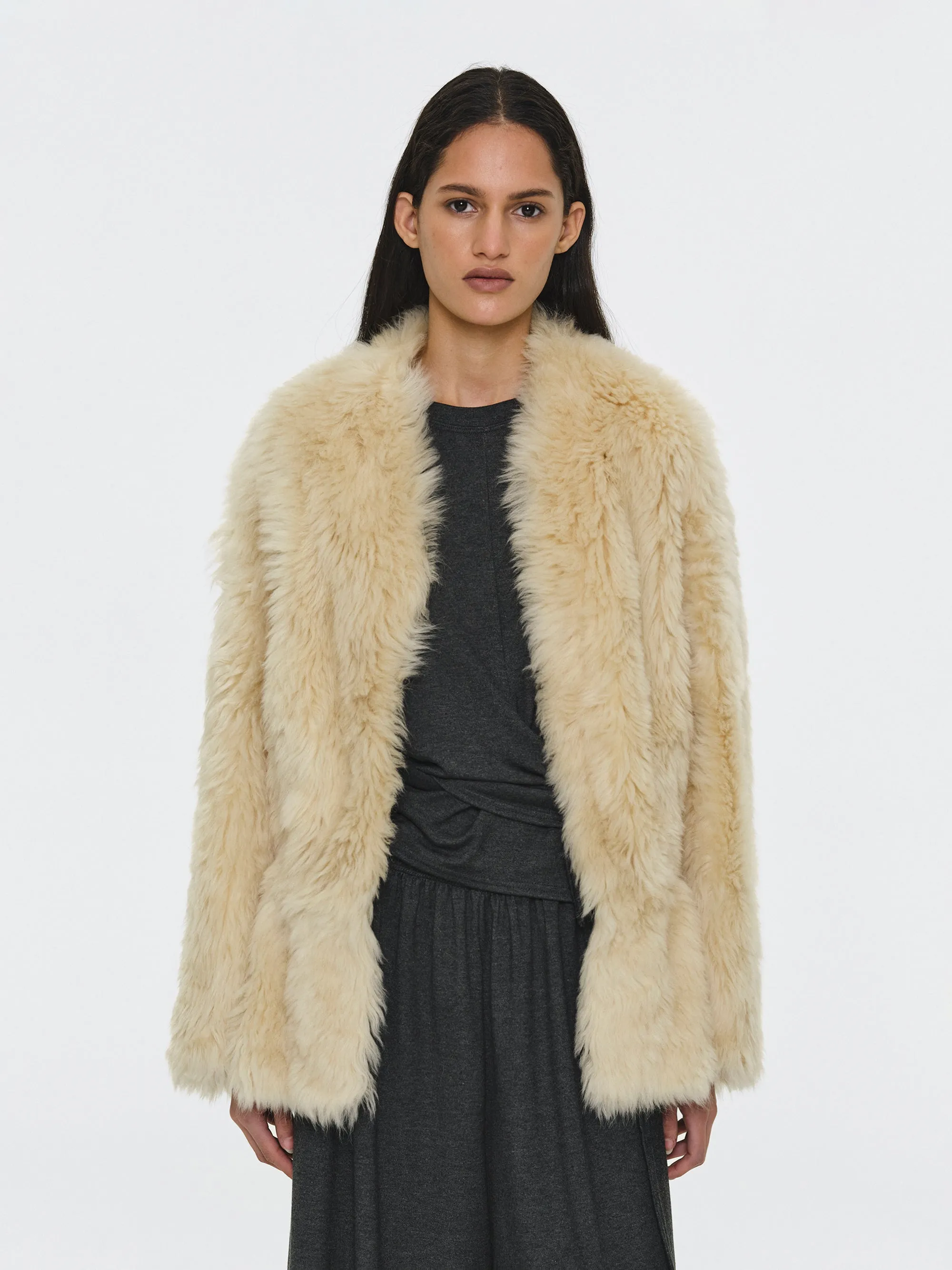 Peplum Shearling Coat, Beige sold by Source Unknown