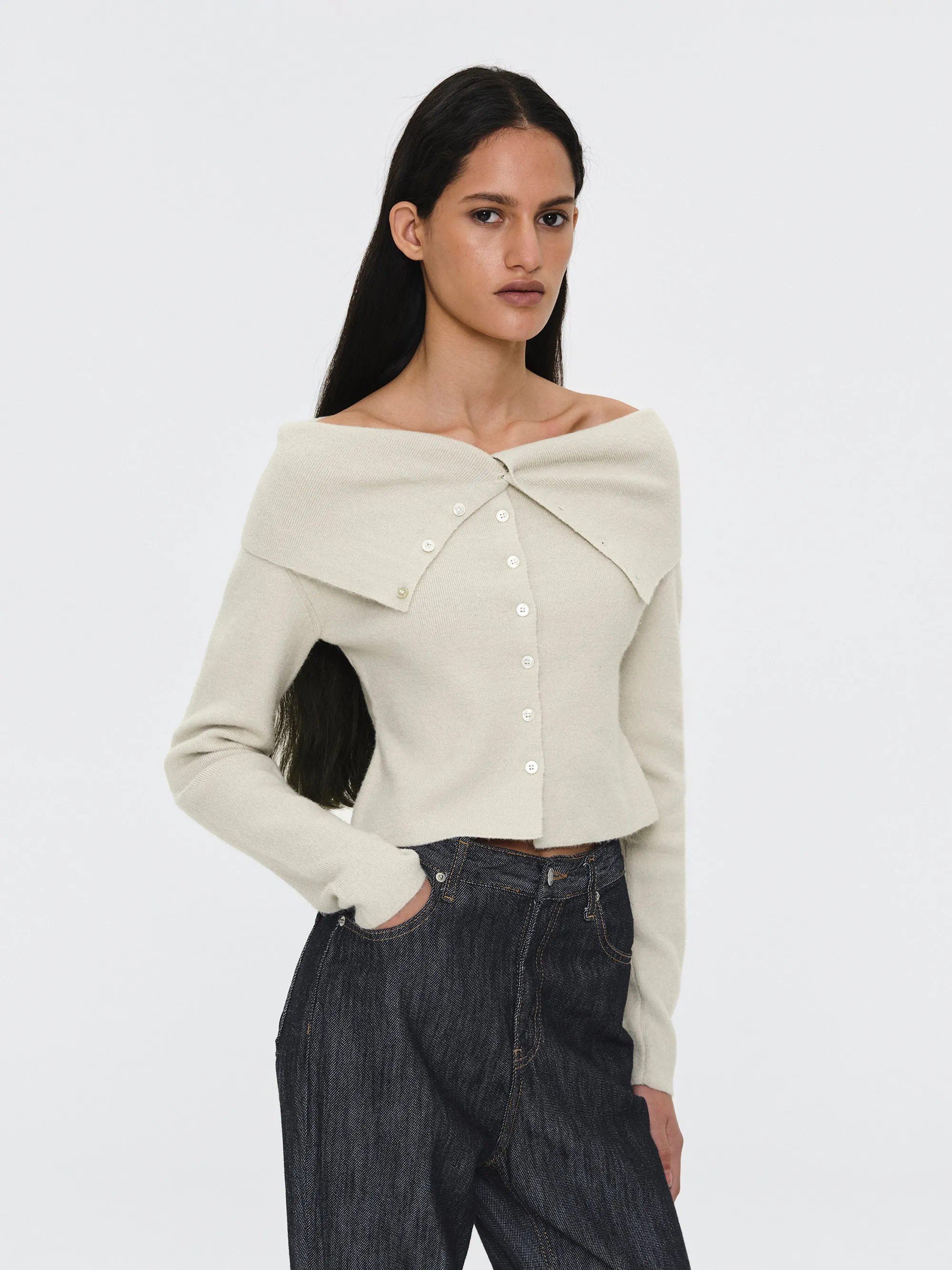 Foldover Button Knit Top, Ivory sold by Source Unknown