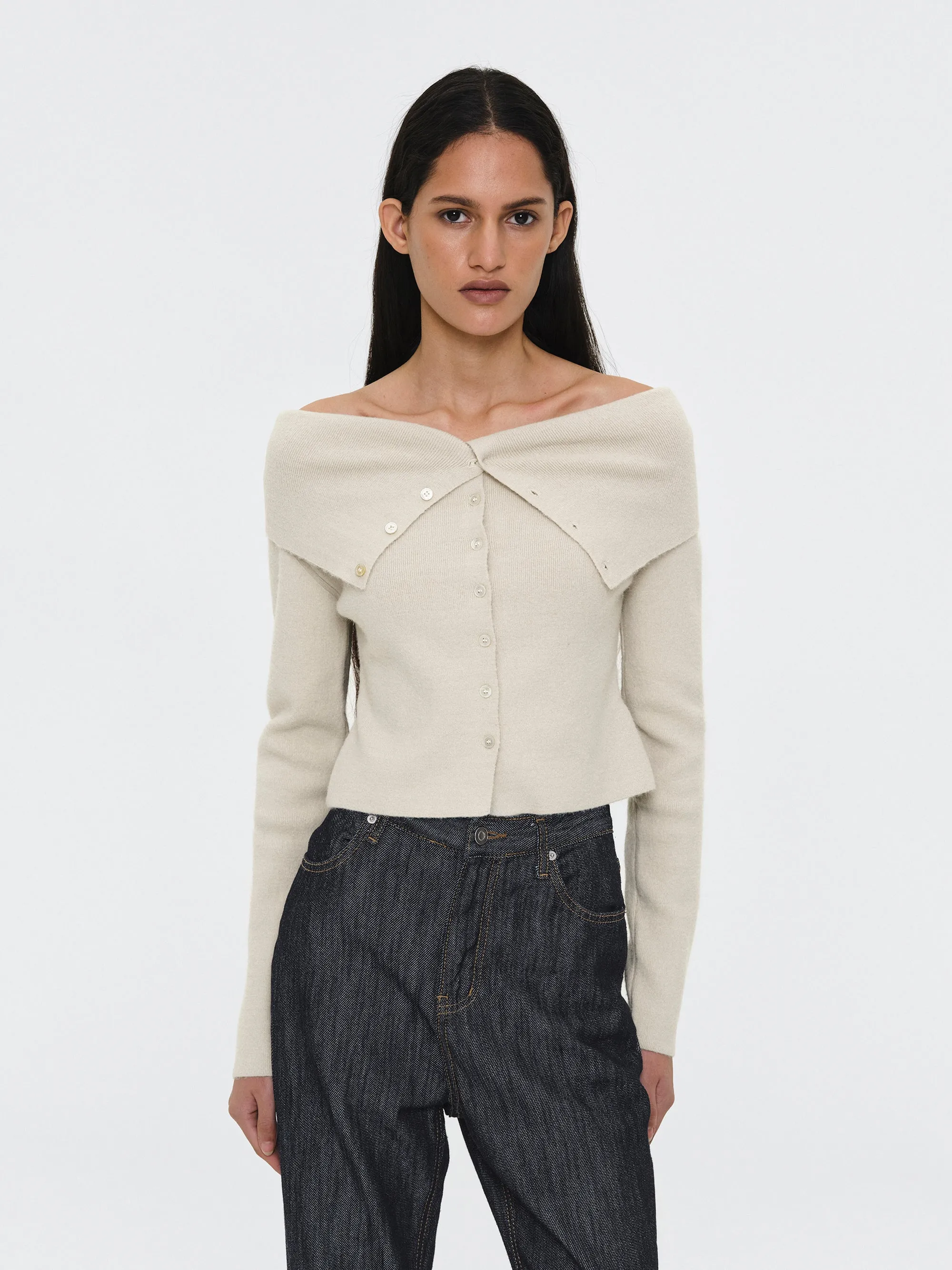 Foldover Button Knit Top, Ivory sold by Source Unknown product image thumbnail 3