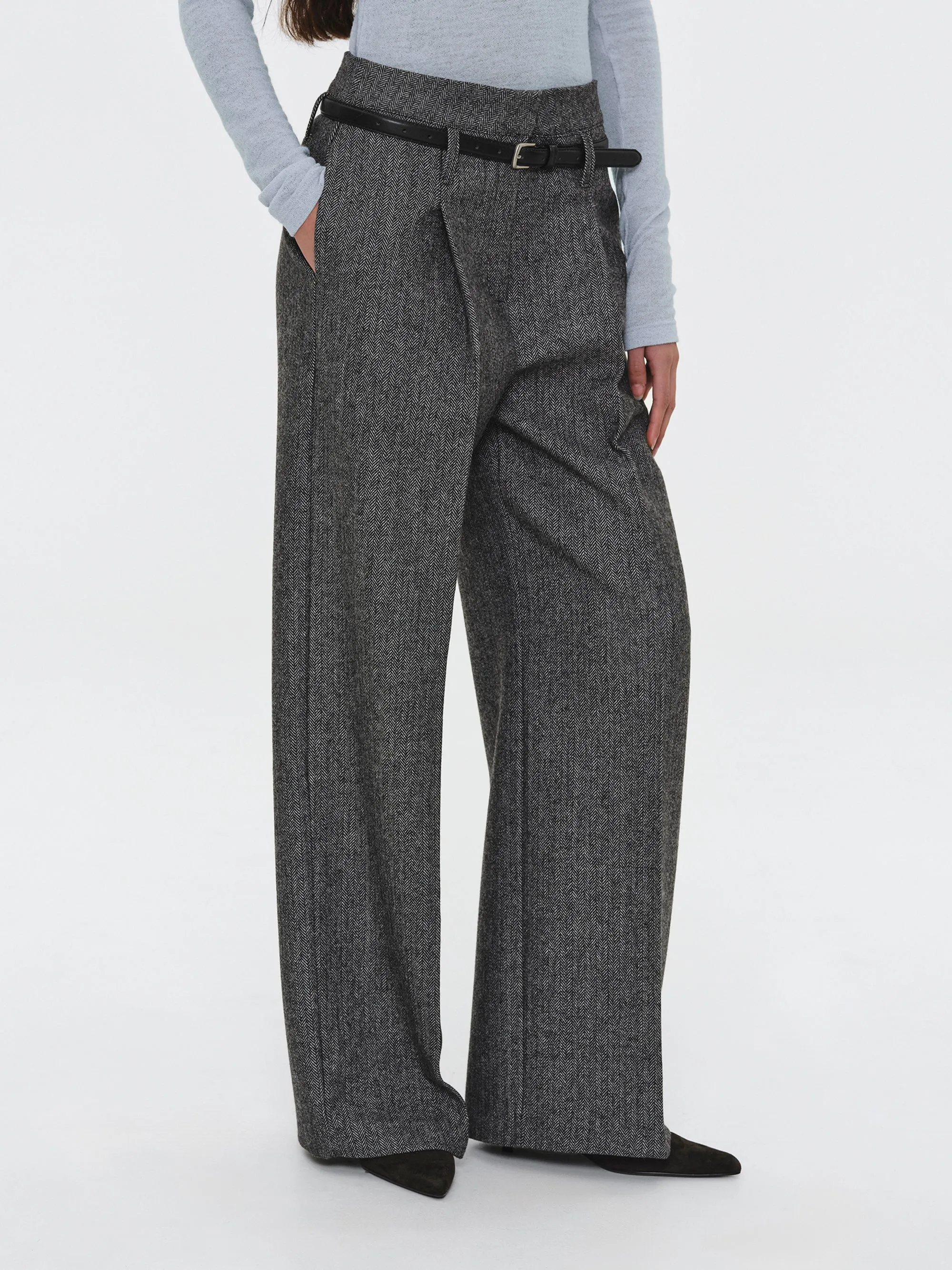 Belted Herringbone Trousers, Black sold by Source Unknown product image thumbnail 3