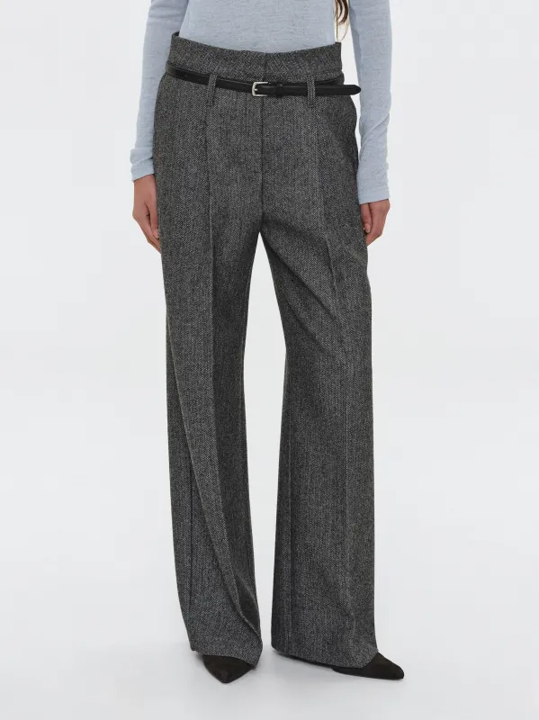 Belted Herringbone Trousers, Black sold by Source Unknown
